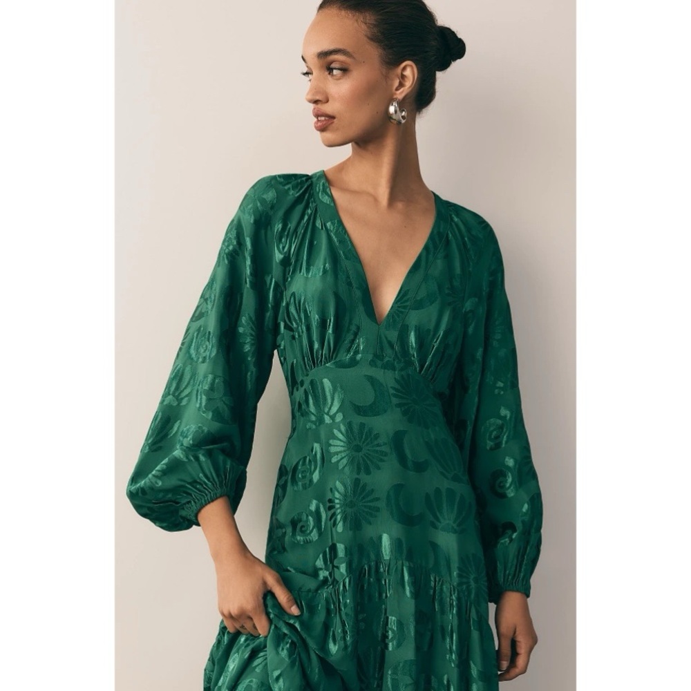 ANTHROPOLOGIE Farm Rio Green Floral Jacquard V-Neck Maxi Dress Petite MP NWT - Picture 4 of 17